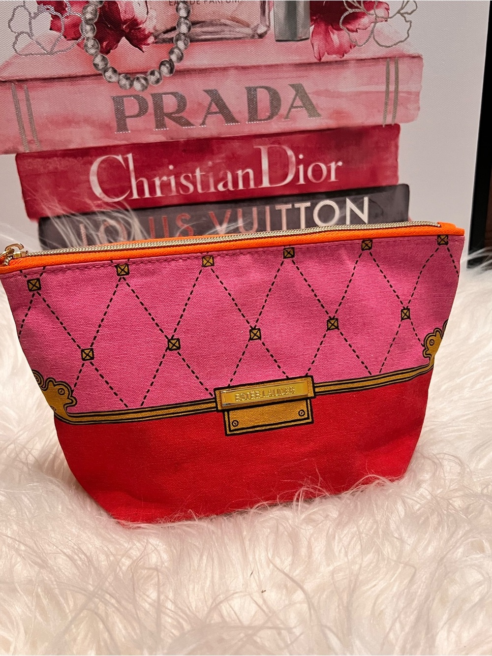 Estee Lauder Pink and Red Quilted-Pattern Cosmetic Pouch